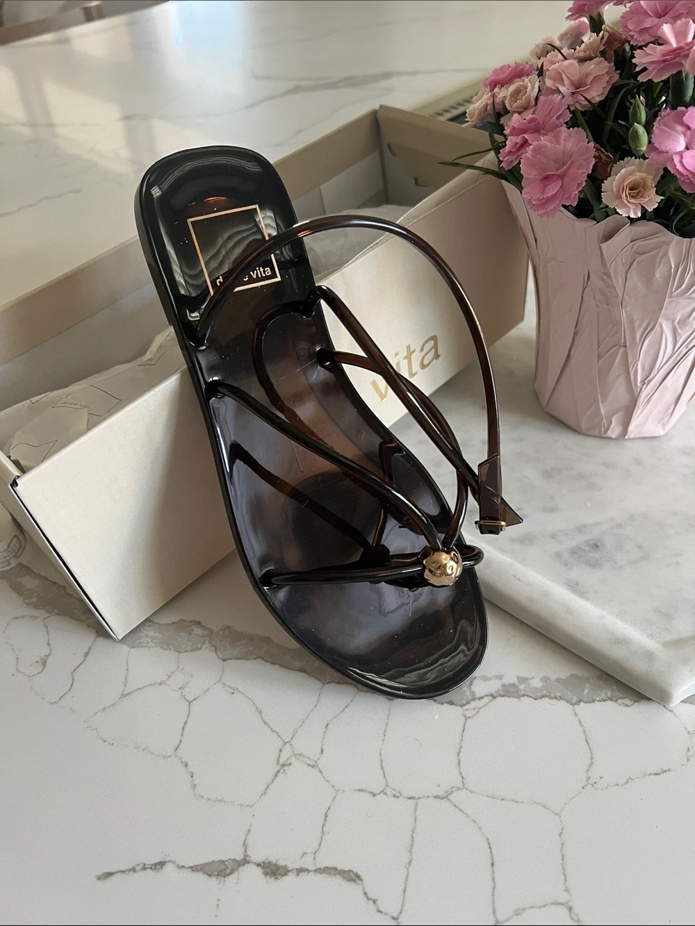 Dolce Vita Brown T-Strap Jelly Sandal with Gold Accent